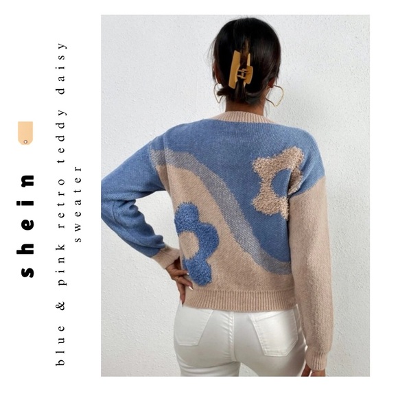 🍭 3/$15 blue & pink soft teddy retro boho flower sweater - Picture 4 of 11